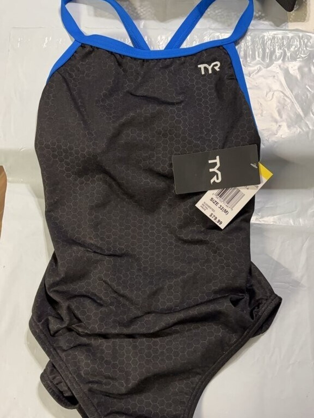 TYR Hexa Diamondfit Women's One Piece Swimsuit Black/Blue NWT Size 32M